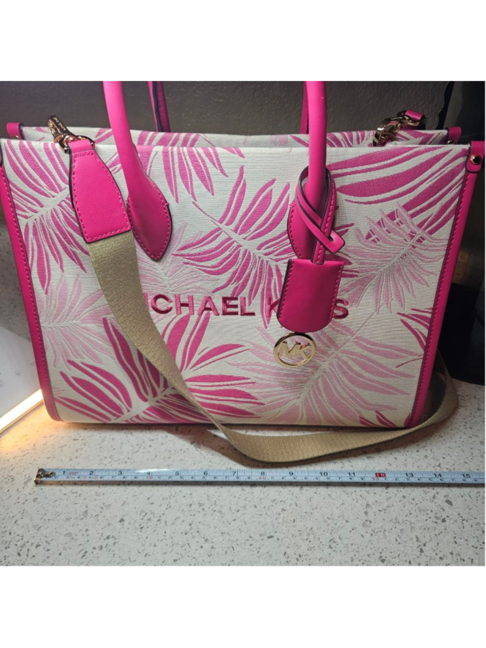 Michael Kors Pink Palm Leaf Canvas Mirella Medium Tote Bag